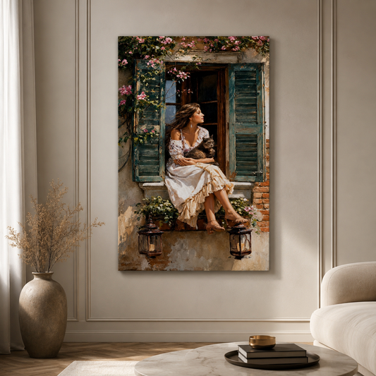 Elegant window portrait canvas painting featuring woman holding a cat with floral cottage backdrop