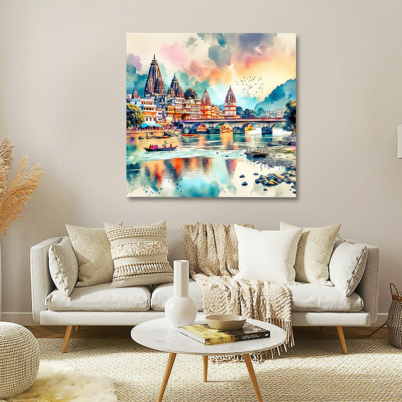 Vrindavan riverside temple wall painting Krishna Nagari canvas wall art