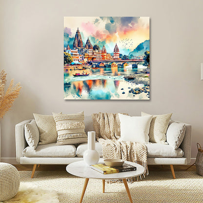 Vrindavan riverside temple wall painting Krishna Nagari canvas wall art