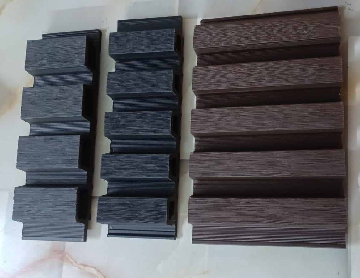 WPC Wall Panel for Exterior Outdoor Facade Louvers | WPC Fluted Wall Panel Louvers for Building Front Facade Elevation  (size - 8.5 x 110 Inches each Panel) (Qty - 10 Nos) Set of black and brown rectangular blocks on a white background