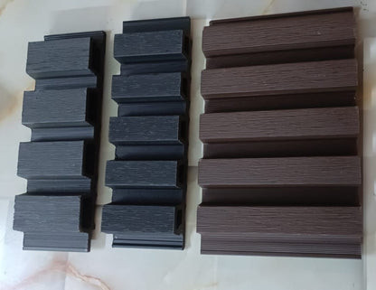 WPC Wall Panel for Exterior Outdoor Facade Louvers | WPC Fluted Wall Panel Louvers for Building Front Facade Elevation  (size - 8.5 x 110 Inches each Panel) (Qty - 10 Nos) Set of black and brown rectangular blocks on a white background
