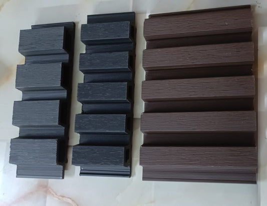 WPC Wall Panel for Exterior Outdoor Facade Louvers | WPC Fluted Wall Panel Louvers for Building Front Facade Elevation  (size - 8.5 x 110 Inches each Panel) (Qty - 10 Nos) Set of black and brown rectangular blocks on a white background