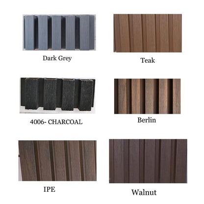 WPC Wall Panel for Exterior Outdoor Facade Louvers | WPC Fluted Wall Panel Louvers for Building Front Facade Elevation  (size - 8.5 x 110 Inches each Panel) (Qty - 20 Nos)
 Color swatches of different wood finishes including Dark Grey, Teak, 4006- Charcoal, Berlin, IPE, and Walnut.