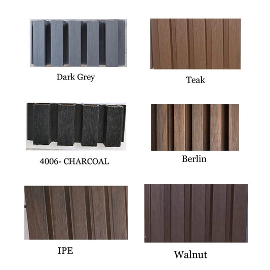 WPC Wall Panel for Exterior Outdoor Facade Louvers | WPC Fluted Wall Panel Louvers for Building Front Facade Elevation  (size - 8.5 x 110 Inches each Panel) (Qty - 20 Nos)
 Color swatches of different wood finishes including Dark Grey, Teak, 4006- Charcoal, Berlin, IPE, and Walnut.