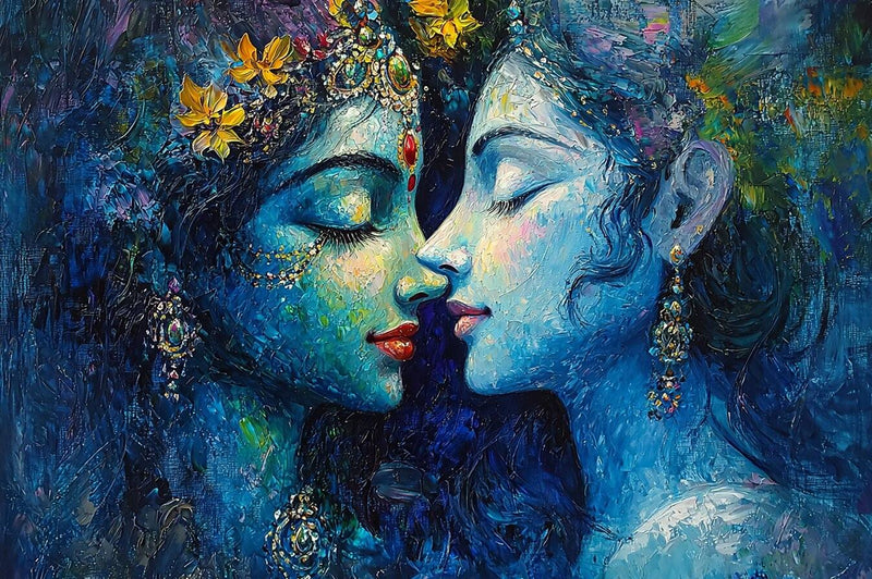 Wall Decor with Hindu Gods | Peel and Stick Radha Krishna Mural Artistic depiction of two faces with floral elements and jewelry on a blue background