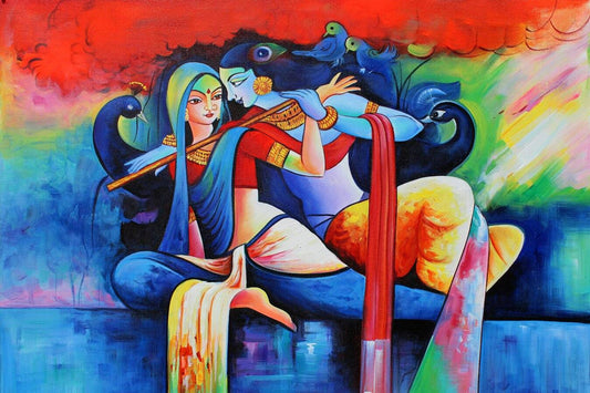 Wall Decor with Radha Krishna Canvas Painting for Positive Energy Colorful painting of two figures embracing with peacocks, set against a vibrant background.