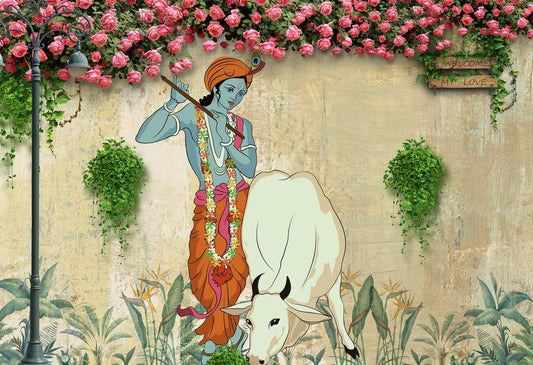 Wall Mounted Lord Krishna Canvas | Krishna With Caw Canvas Painting Illustration of a deity with a white cow in a decorative setting with flowers and plants.