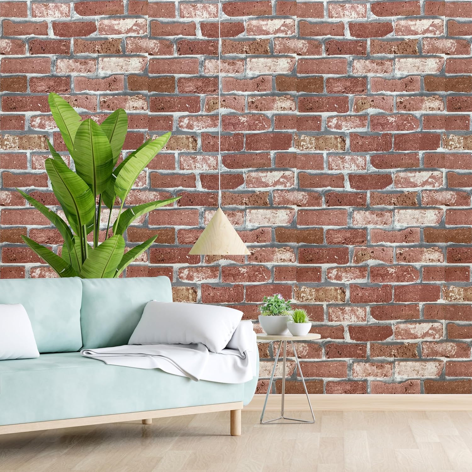 Wall Paper for Wall Decor, Non Adhesive Wallpaper for Walls Living Room, Bedroom (53 x 1000 cm, Roll 57sqft, Brick Design) Light blue sofa with white pillows against a brick wall