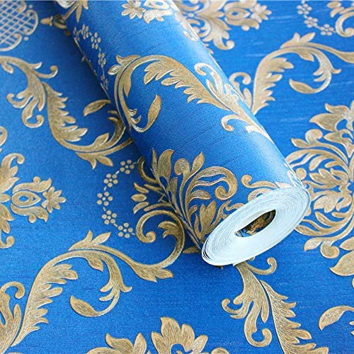 Wall Paper for Wall Decor, Non Adhesive Wallpaper for Walls Living Room, Bedroom (53 x 1000 cm, Roll 57sqft, Dark Blue Damask Design) Roll of blue wallpaper with gold decorative patterns