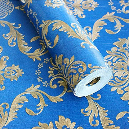 Wall Paper for Wall Decor, Non Adhesive Wallpaper for Walls Living Room, Bedroom (53 x 1000 cm, Roll 57sqft, Dark Blue Damask Design) Roll of blue wallpaper with gold decorative patterns