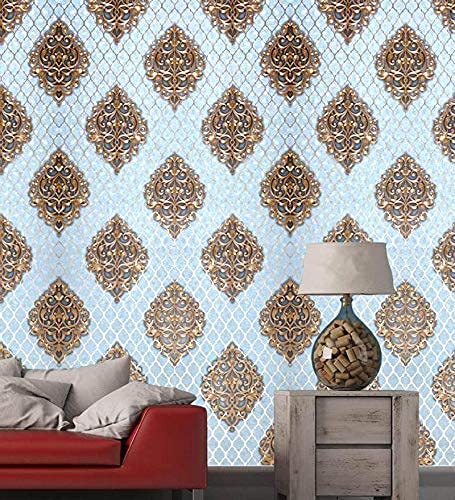Wall Paper for Wall Decor, Non Adhesive Wallpaper for Walls Living Room, Bedroom (53 x 1000 cm, Roll 57sqft, Ocean Blue Damask Design) Decorative wallpaper with gold geometric patterns 