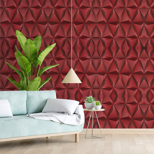 Wall Paper for Wall Decor, Non Adhesive Wallpaper for Walls Living Room, Bedroom (53 x 1000 cm, Roll 57sqft, Red Cubes 3D Design) Living room with a textured red wall, light blue sofa, and decorative plants.