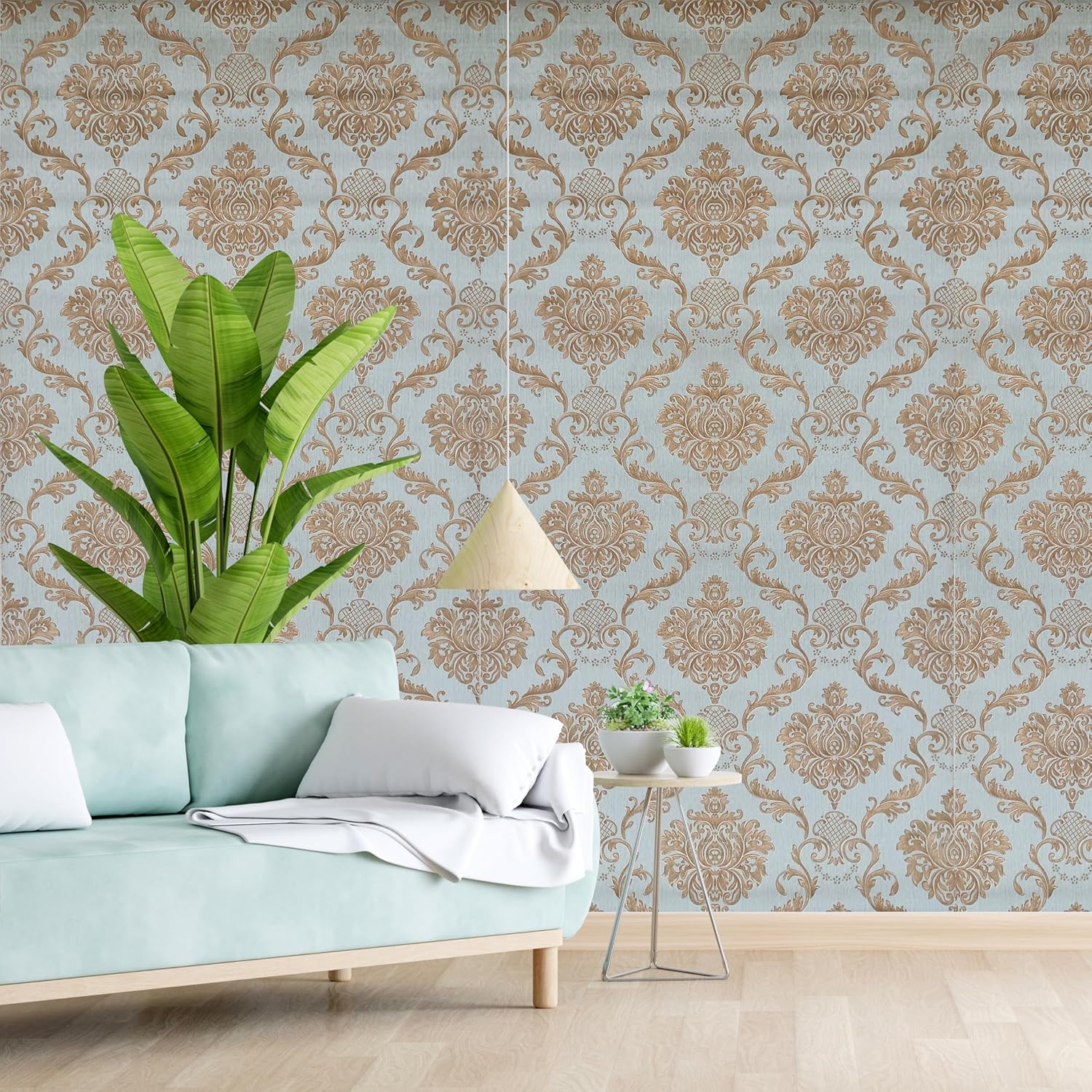 Wall Paper for Wall Decor, Non Adhesive Wallpaper for Walls Living Room, Bedroom (53 x 1000 cm, Roll 57sqft, Sea Blue Damask Design)