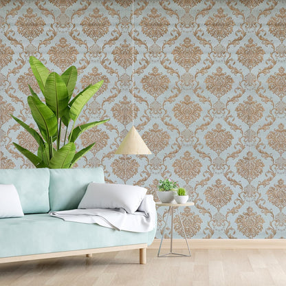 Wall Paper for Wall Decor, Non Adhesive Wallpaper for Walls Living Room, Bedroom (53 x 1000 cm, Roll 57sqft, Sea Blue Damask Design)