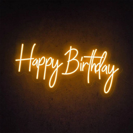 Warm Happy Birthday Neon Sign | Custom Neon Sign | Neon for Birthday Decor Neon sign with 'Happy Birthday' text on a dark background