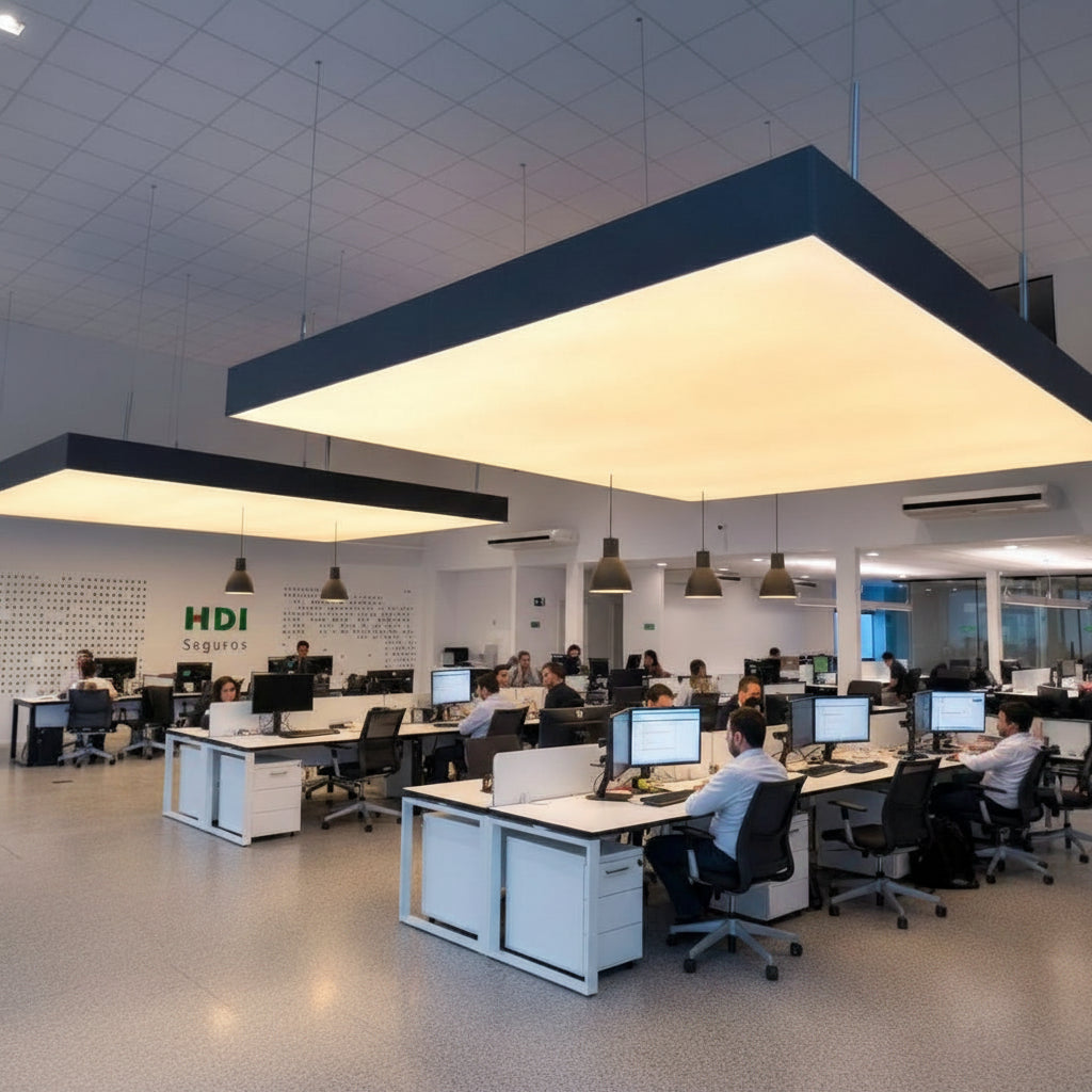 Large suspended warm white backlit fabric ceiling panels illuminating a contemporary office