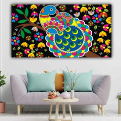 The Seven Colours Madhubani Canvas Painting with Frame for Living Room Wall Decoration Kids In Village | Big Size Large Canvas Painting | A Peacock Madhubani Painting