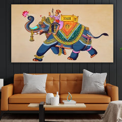 The Seven Colours Madhubani Canvas Painting with Frame for Living Room Wall Decoration A Royal Elephant | Big Size Large Canvas Painting | Rajasthani Painting