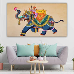 The Seven Colours Madhubani Canvas Painting with Frame for Living Room Wall Decoration A Royal Elephant | Big Size Large Canvas Painting | Rajasthani Painting