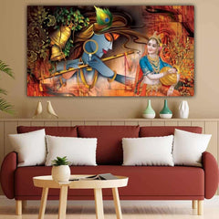 The Seven Colours Radha Krishna Painting with Frame for Wall Decoration Living Room | Big Size Large Canvas Painting for Home Decor | Madhubani Canvas Painting