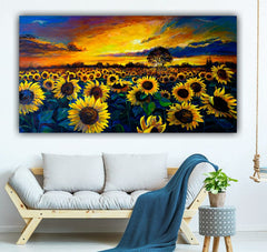 Canvas Painting Sunflower Flower Field with Frame for Living Room Wall Decors