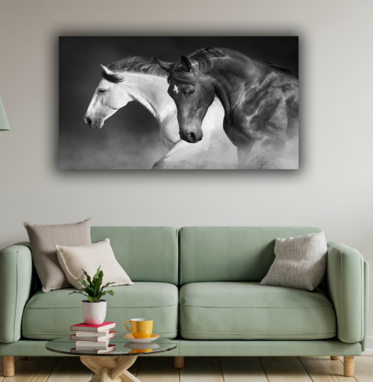 Black and White Running Horses Vastu Painting Canvas Wall Frame 