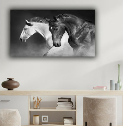 Black and White Running Horses Vastu Painting Canvas Wall Frame 