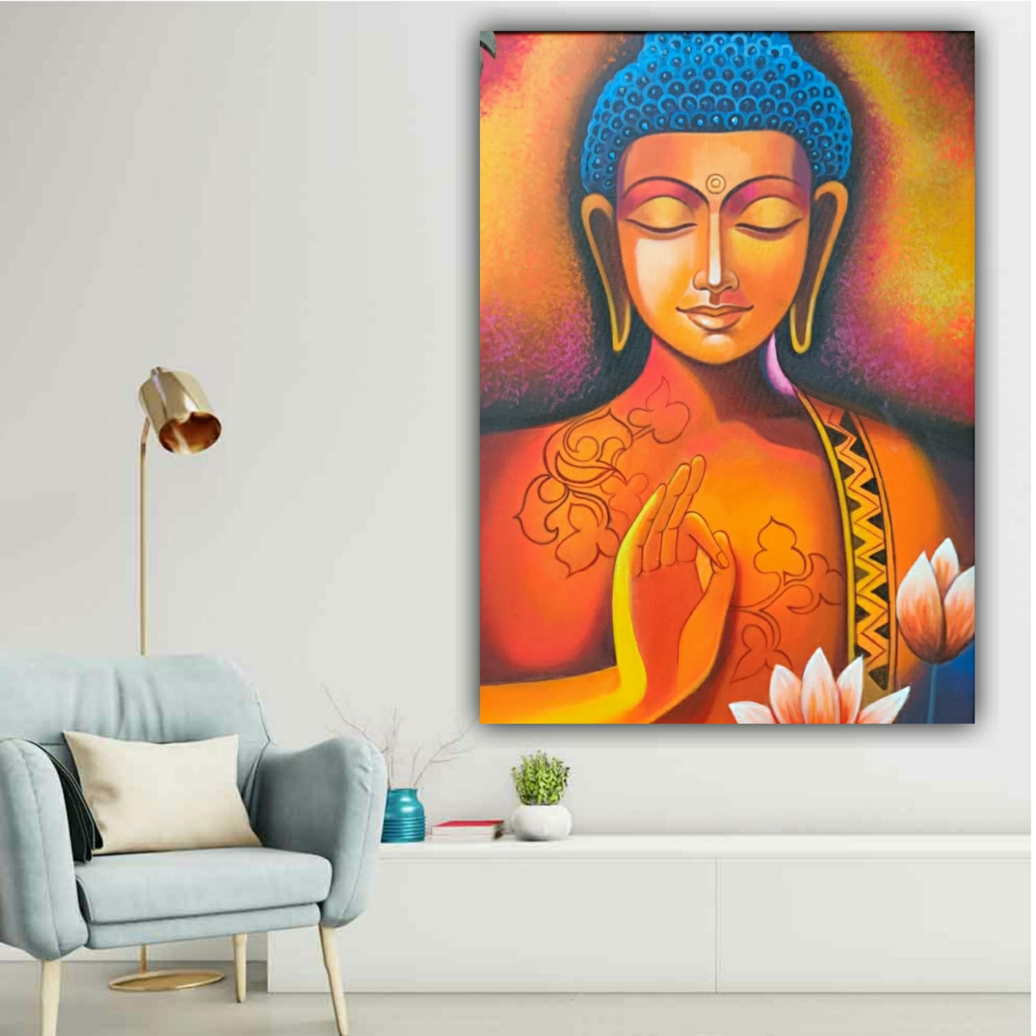 Blessing Lord Buddha Painting with Frame (24 by 36 Inches)