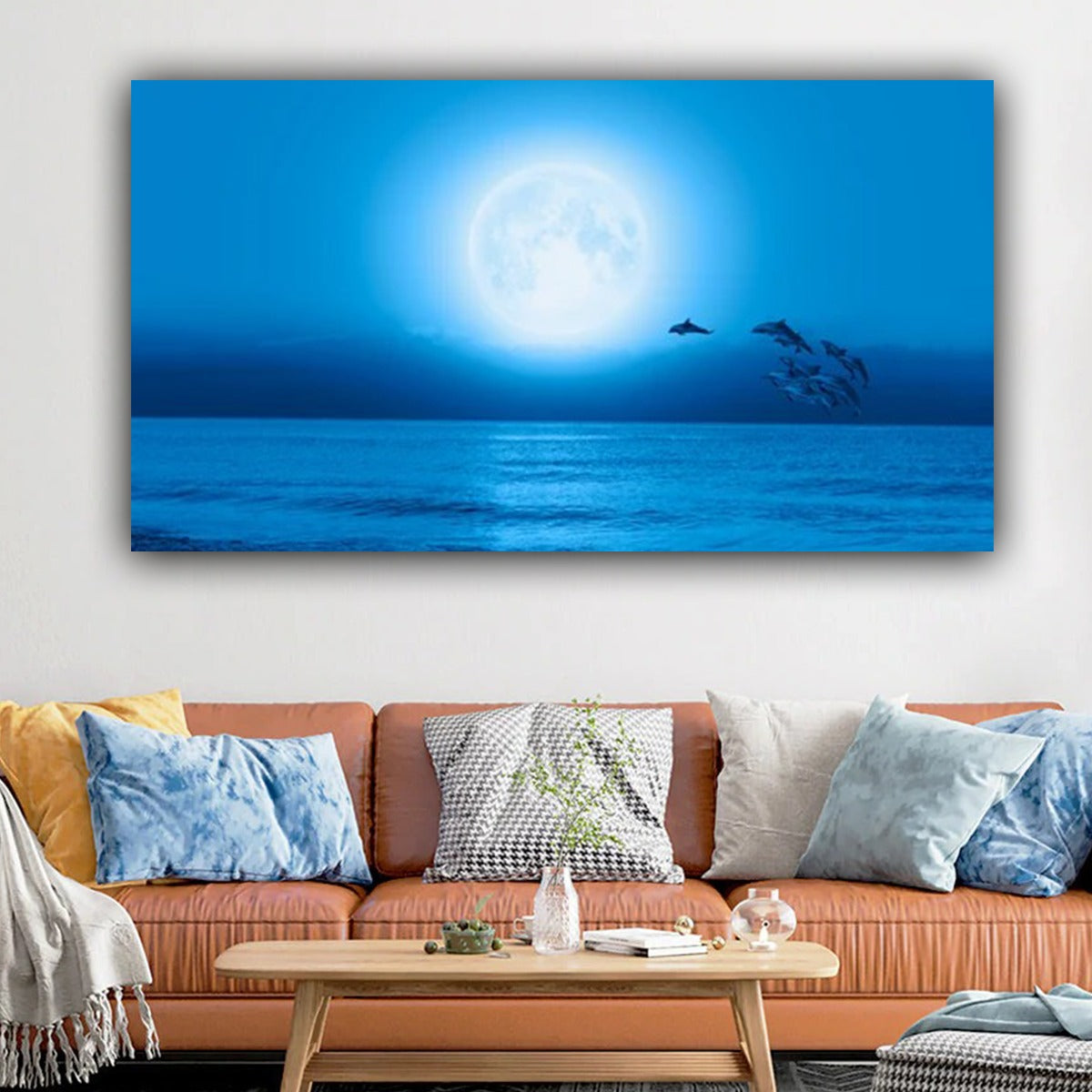Canvas Painting Beautiful Sea and Moon Landscape Wall Painting Frame 