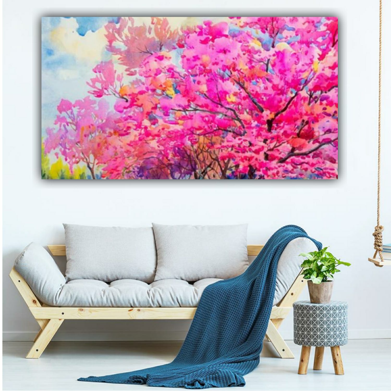 Canvas Painting Flower Pink Field with Frame for Living Room Wall Decors