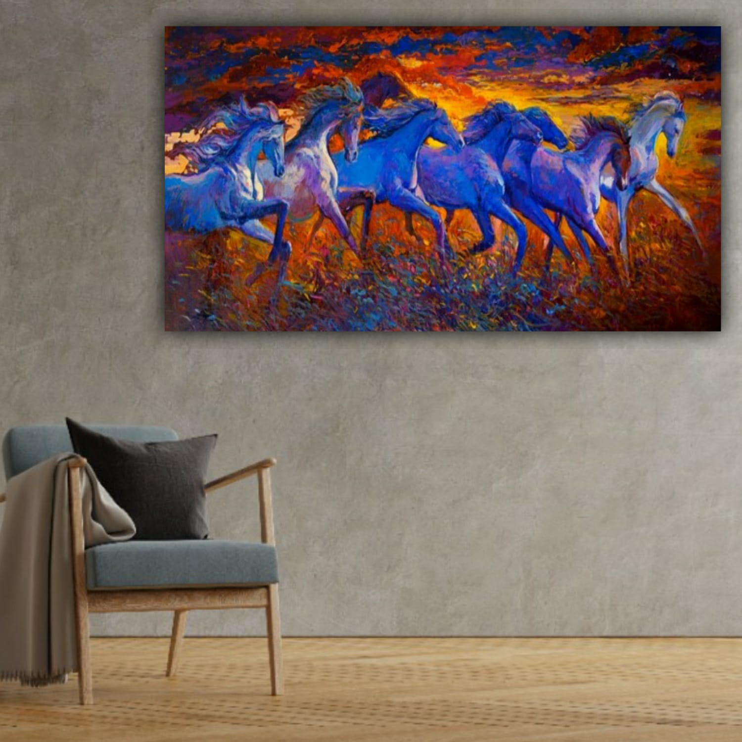 Auspicious Seven Running Horses Vastu Painting Canvas Wall Frame 