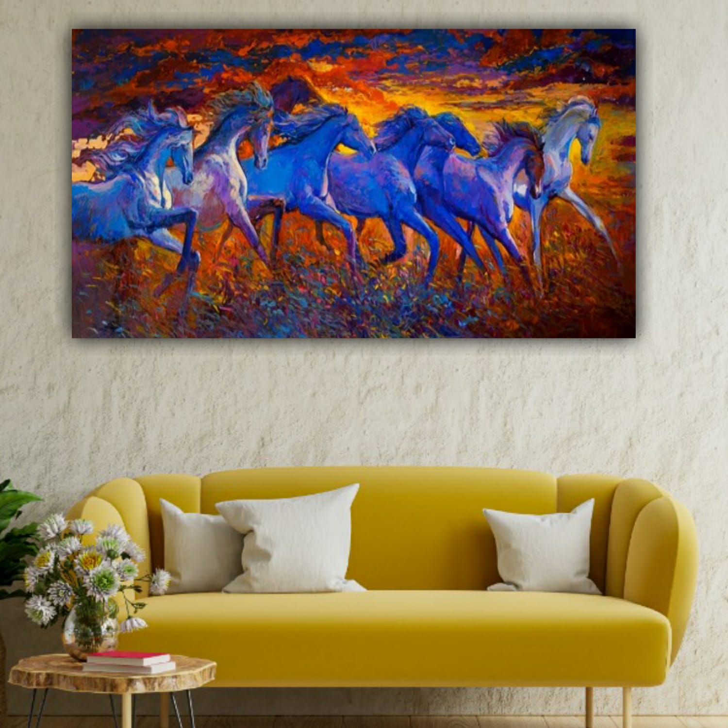 Auspicious Seven Running Horses Vastu Painting Canvas Wall Frame 