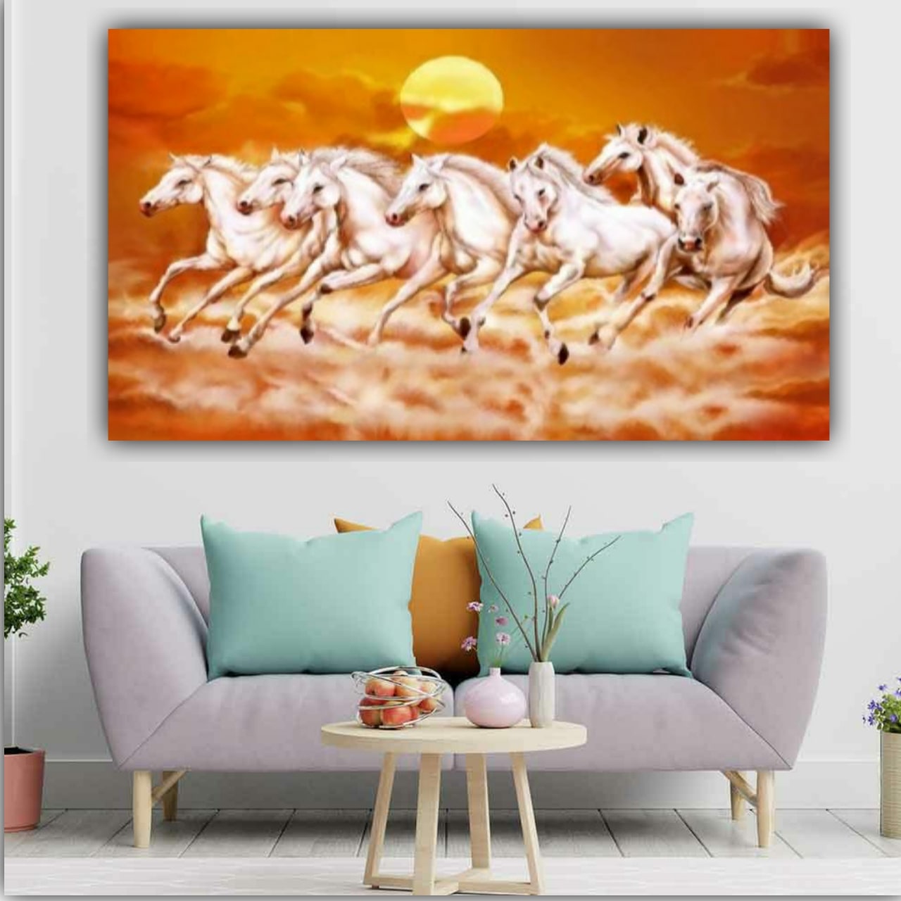 Seven Running White Horses Vastu Painting Canvas Wall Frame | Canvas Painting | Horse Paintings | Vastu painting 