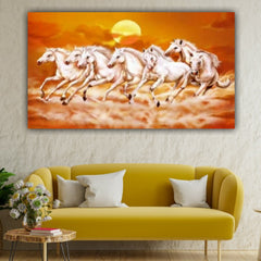 Seven Running White Horses Vastu Painting Canvas Wall Frame | Canvas Painting | Horse Paintings | Vastu painting 