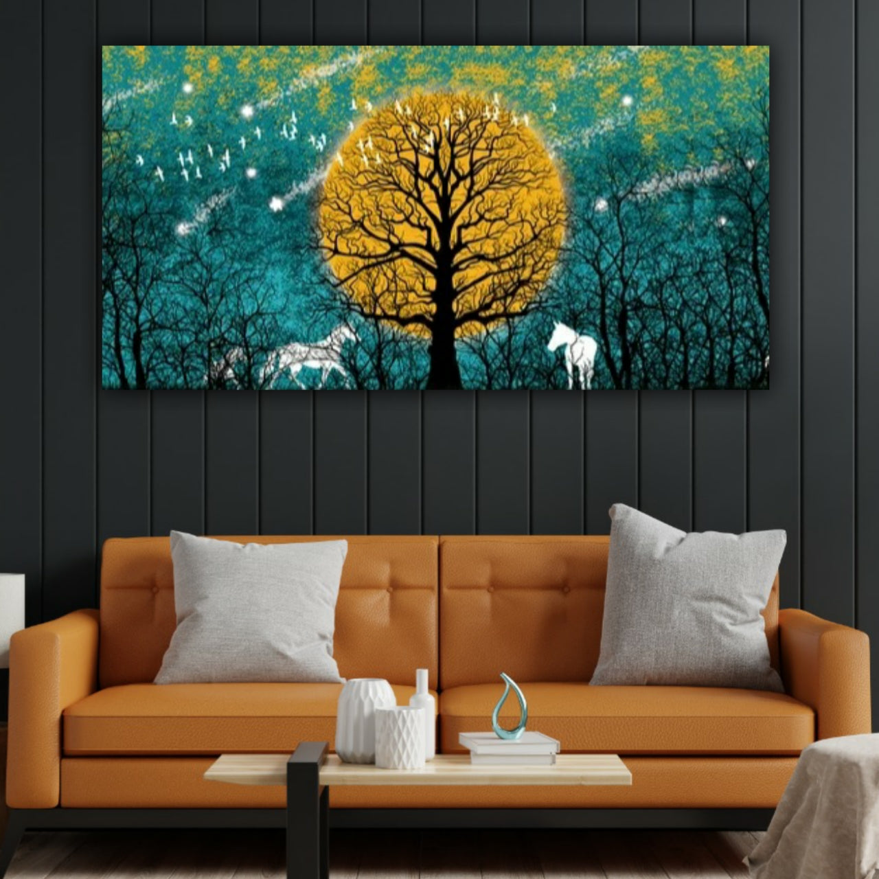 Running Horses Canvas Painting Beautiful Forest Landscape Wall Painting Frame