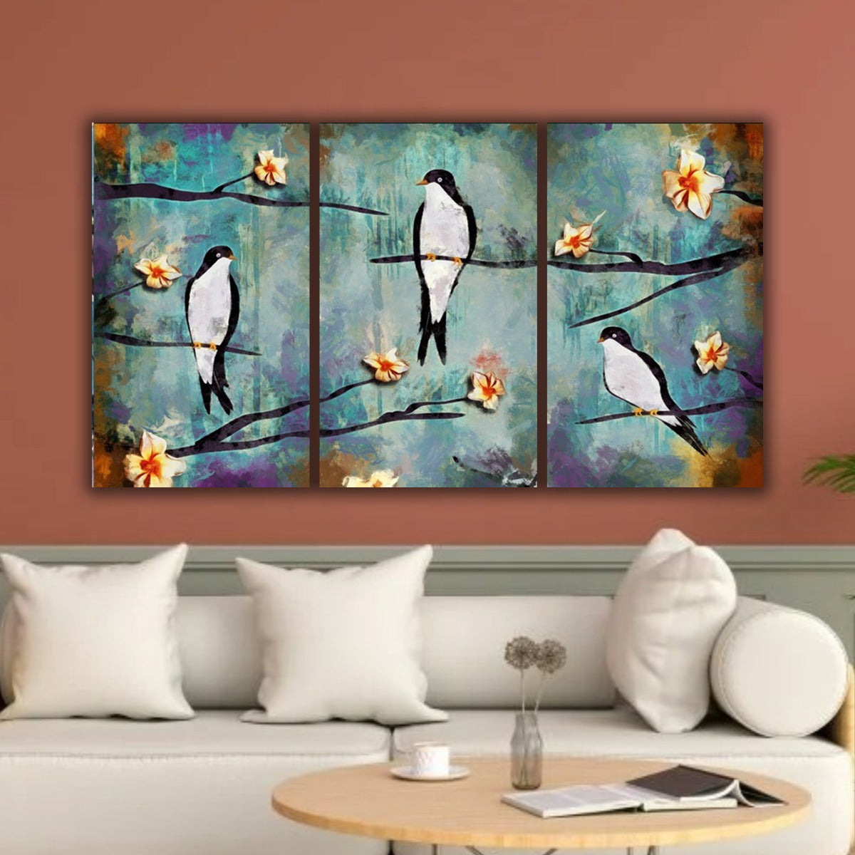 Canvas Painting Parrot Flower Art with Frame for Living Room Wall Decoration