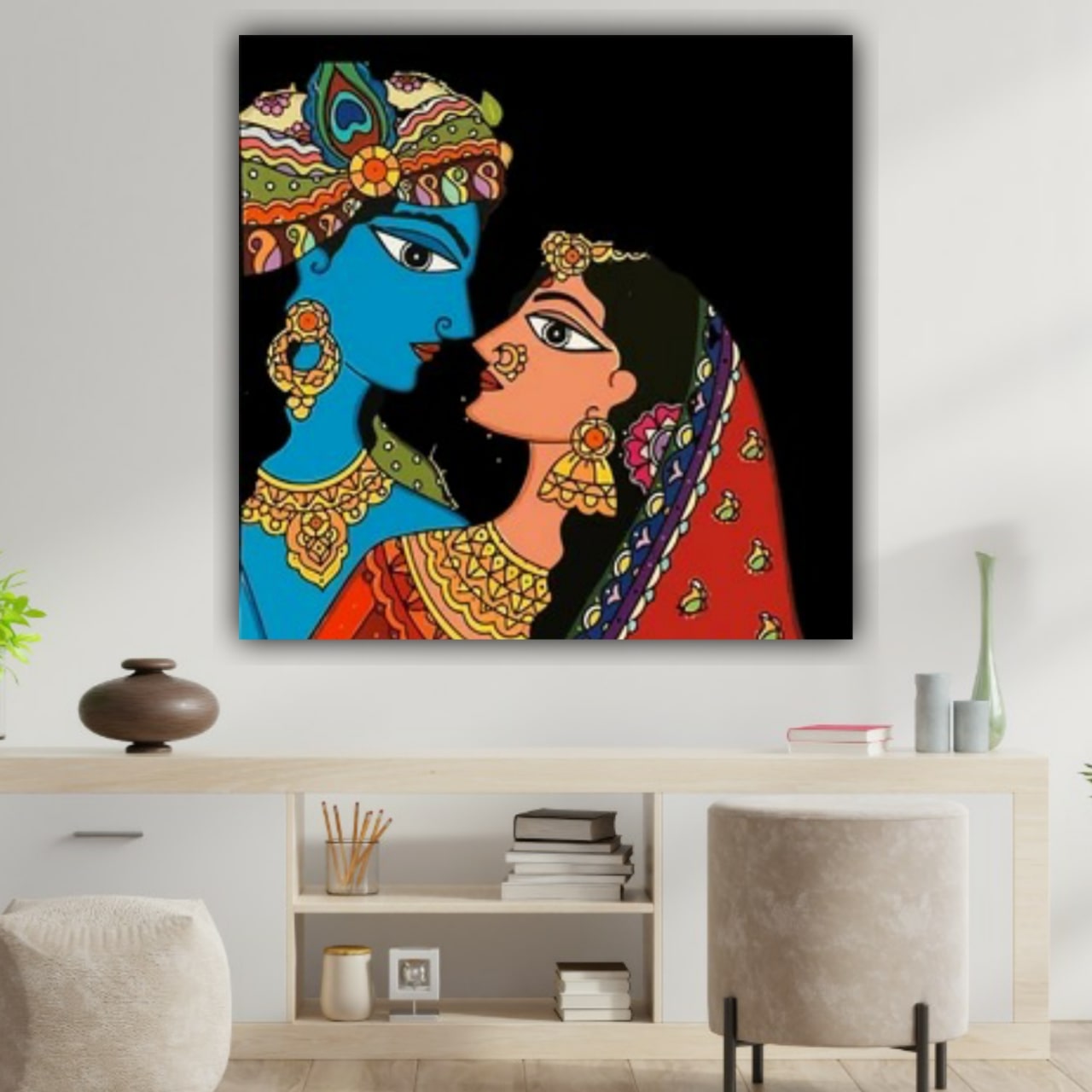 Madhubani Radha Krishna Painting Frame for Living Room Wall Decor