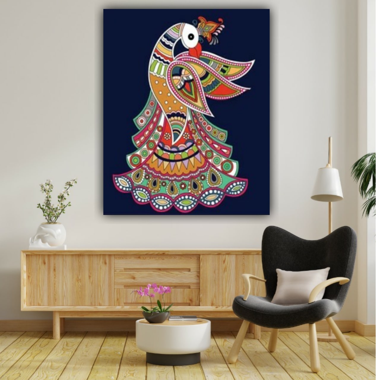 Beautiful Madhubani Canvas Painting Peacock Wall Art Frame