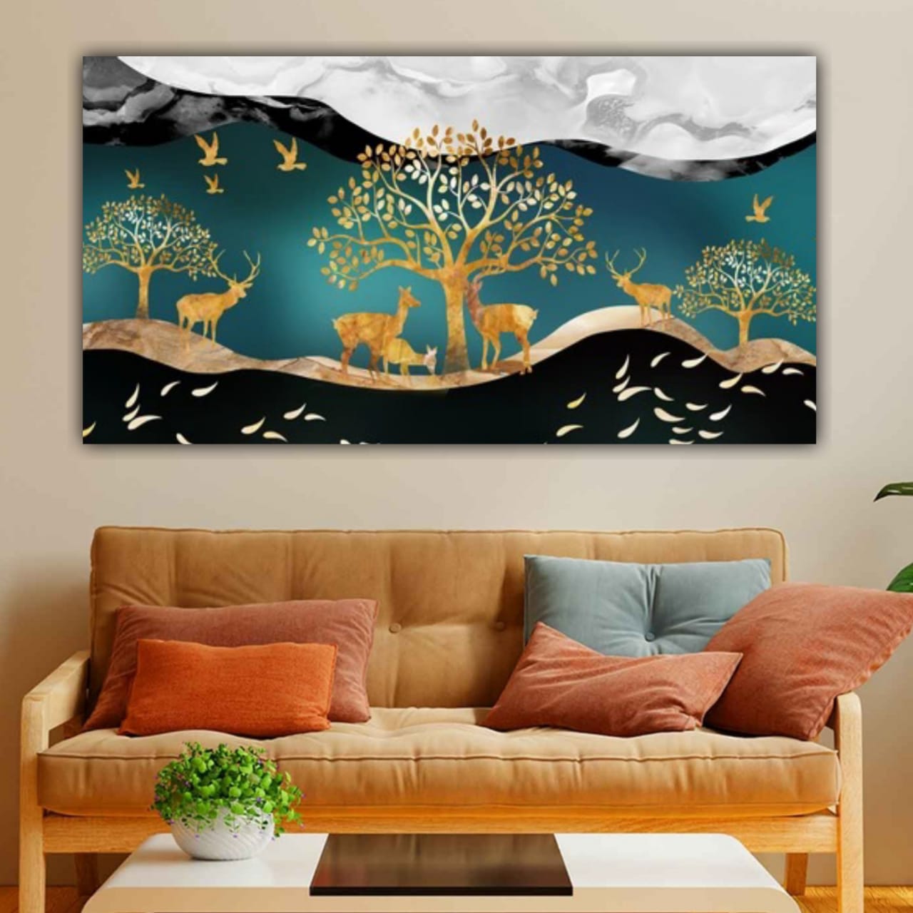 3D Canvas Painting Deers in Forest Wall Frame for Living Room Wall Decoration