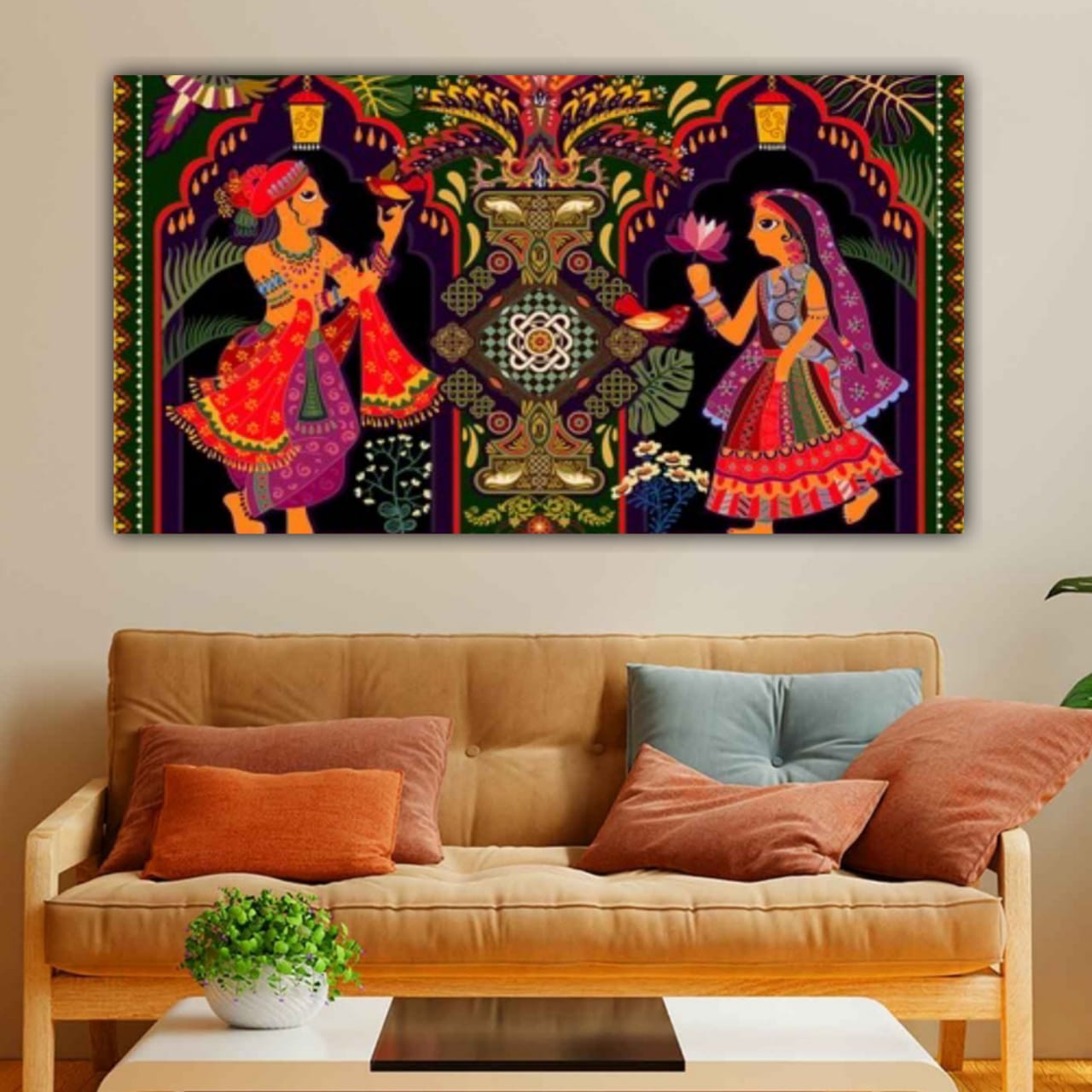 Canvas Madhubani Painting A king and A queen Wall Frame 