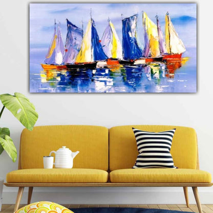 Abstract Canvas Painting with Frame for Wall Decoration Boats in Ocean Landscape 