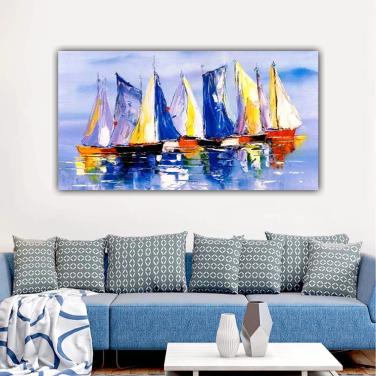 Abstract Canvas Painting with Frame for Wall Decoration Boats in Ocean Landscape 