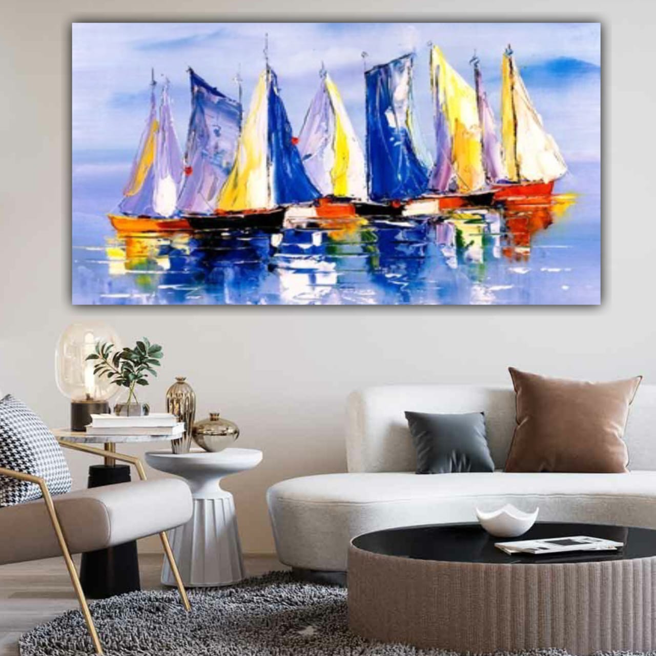 Abstract Canvas Painting with Frame for Wall Decoration Boats in Ocean Landscape 
