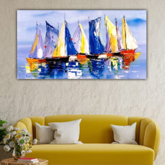 Abstract Canvas Painting with Frame for Wall Decoration Boats in Ocean Landscape 