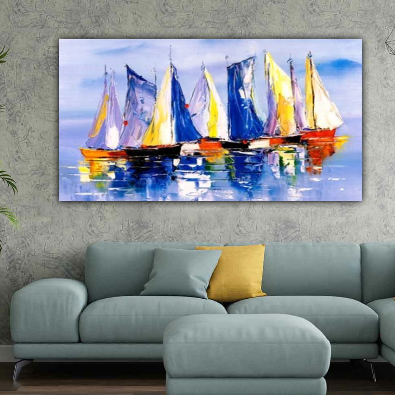 Abstract Canvas Painting with Frame for Wall Decoration Boats in Ocean Landscape 