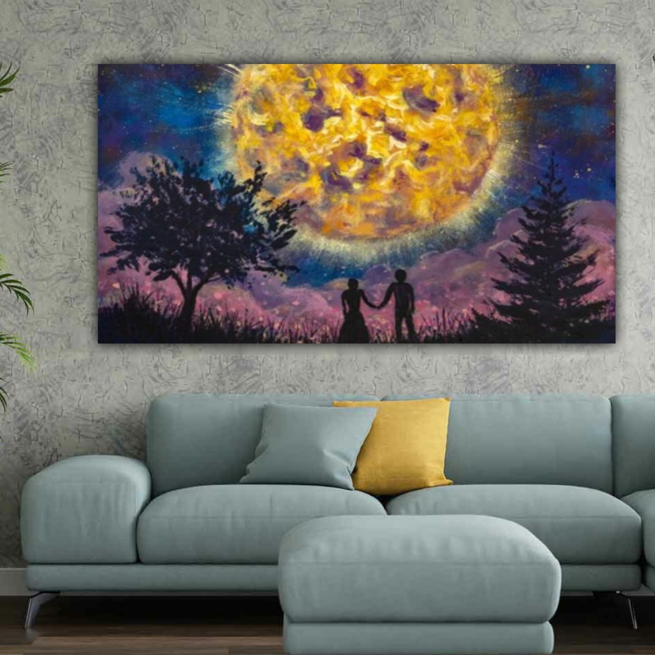 Beautiful Canvas Painting with Frame for Wall Decoration Couple Under Night Sky