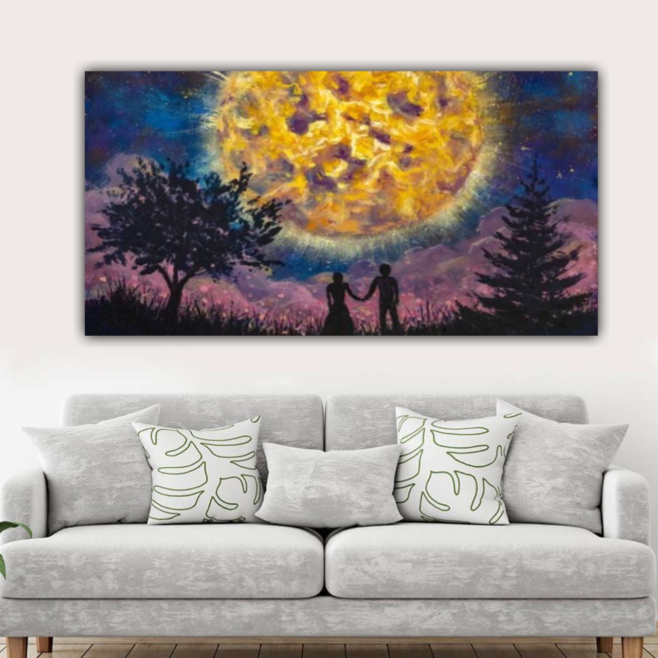 Beautiful Canvas Painting with Frame for Wall Decoration Couple Under Night Sky