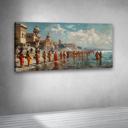 Varanasi Ganga Aarti Canvas Painting Frame – Spiritual Ganga Ghat Ritual Canvas Wall Art Painting Frame for Living Room Decor