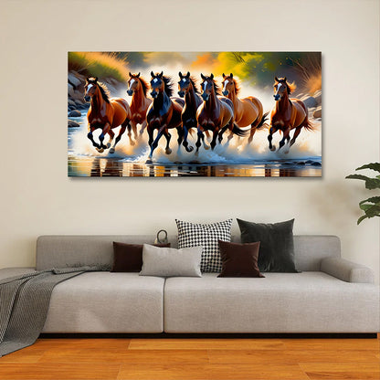 Seven Horses Wall Art – Vastu Running Horses Canvas Painting for Living Room