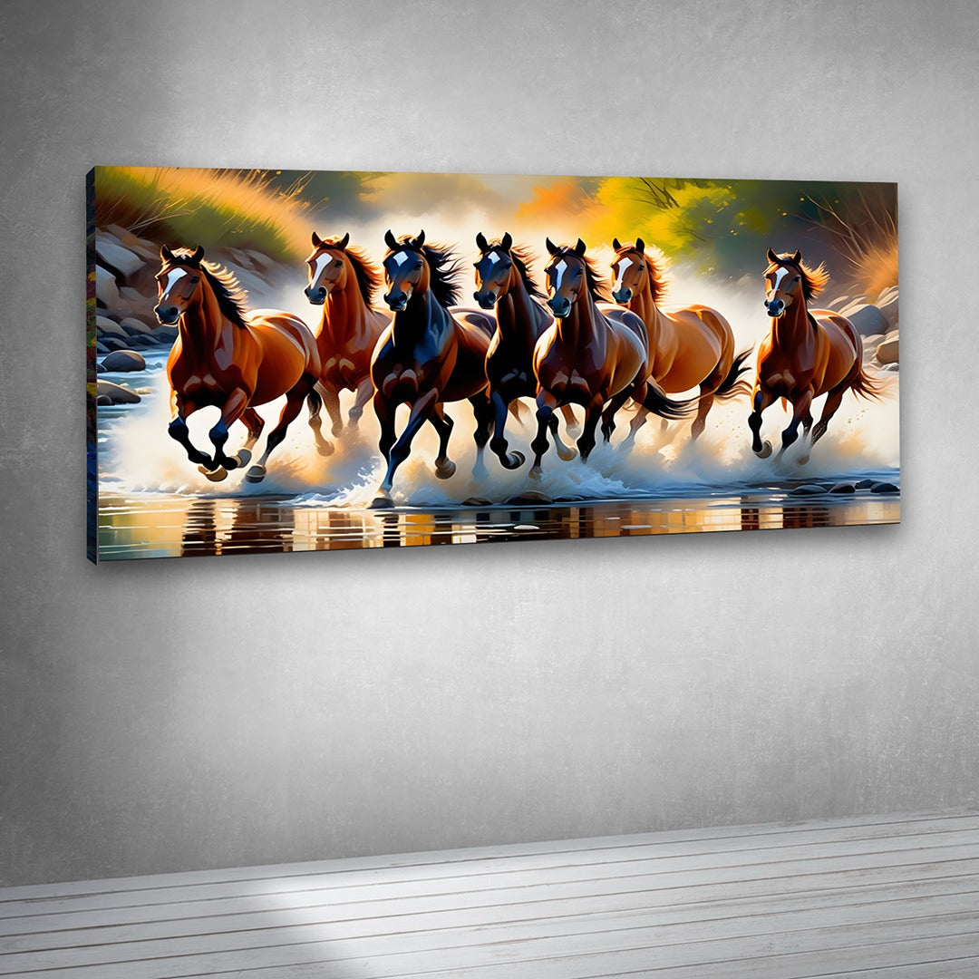 Seven Horses Wall Art – Vastu Running Horses Canvas Painting for Living Room